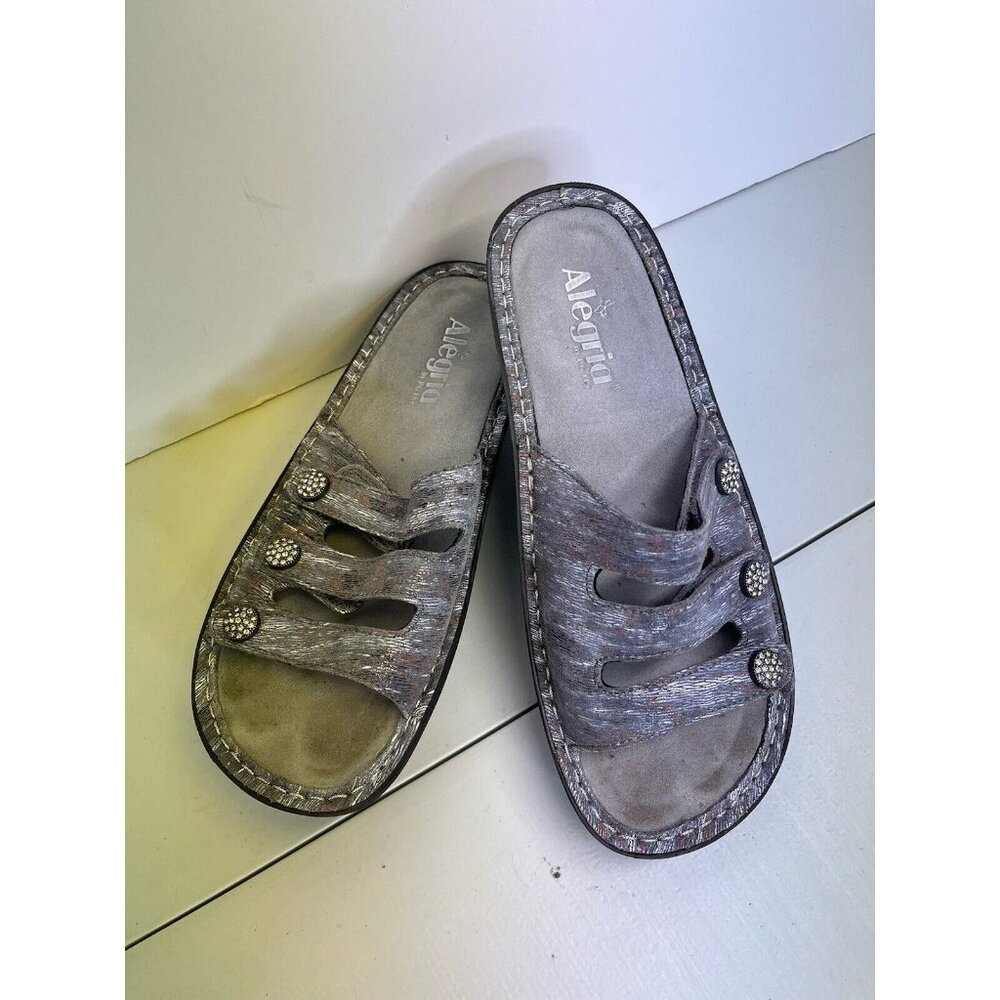 Alegria KACEE 3 Strap Smoke Gray Bejeweled Comfort Slide Sandals EU 38 US 8 8.5